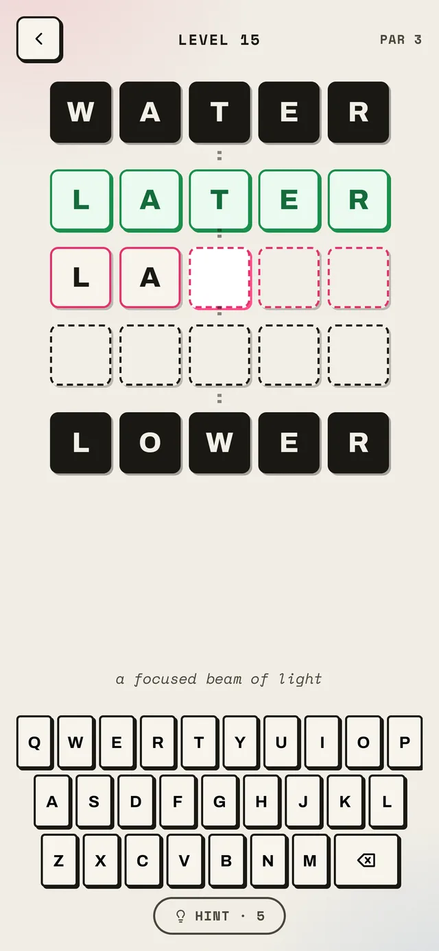 Rungs level 15: WATER to LOWER, the rung LATER locked in green, the next rung half typed.