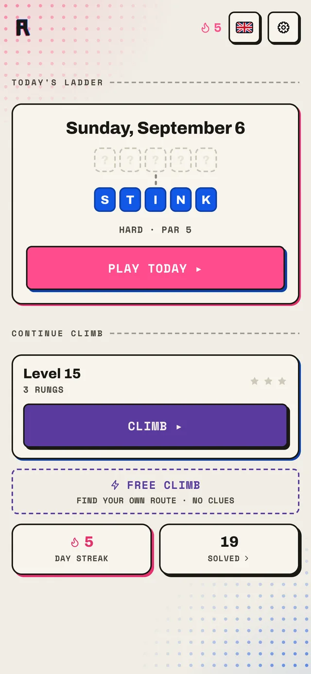 Rungs home screen: Today's Ladder with a masked start word, the Climb, Free Climb and a five-day streak.
